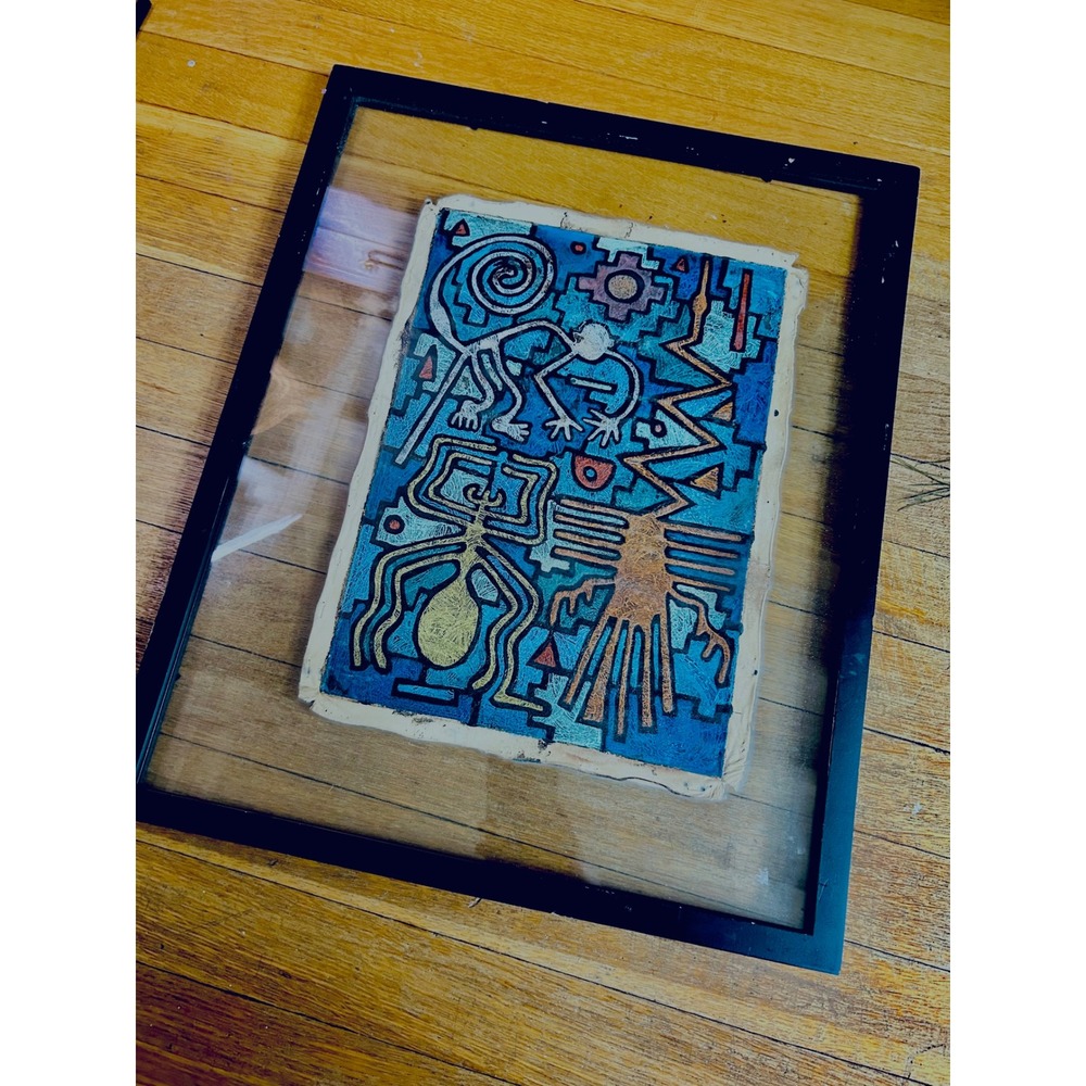 Peruvian Leather Folk Art Framed Paracas Nazca Style Cusco Painting 21x17 - Picture 3 of 17
